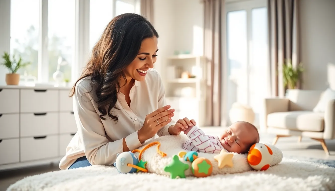 caregiver playfully tickling a smiling newborn in a bright nursery.