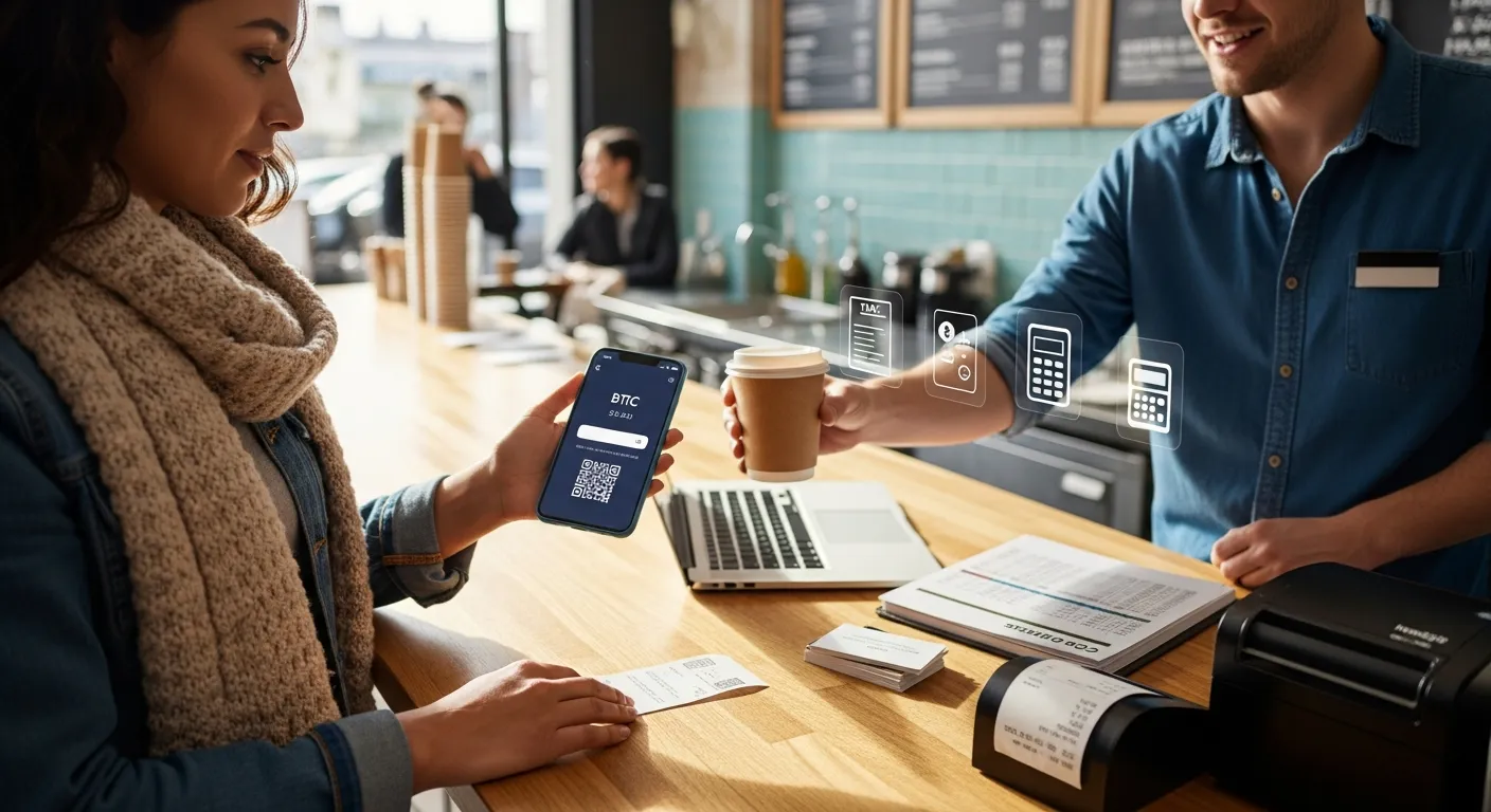 Could Small Bitcoin Payments Become Tax-Free in U.S.? 1 customer paying for coffee with Bitcoin on phone while barista hands over cup