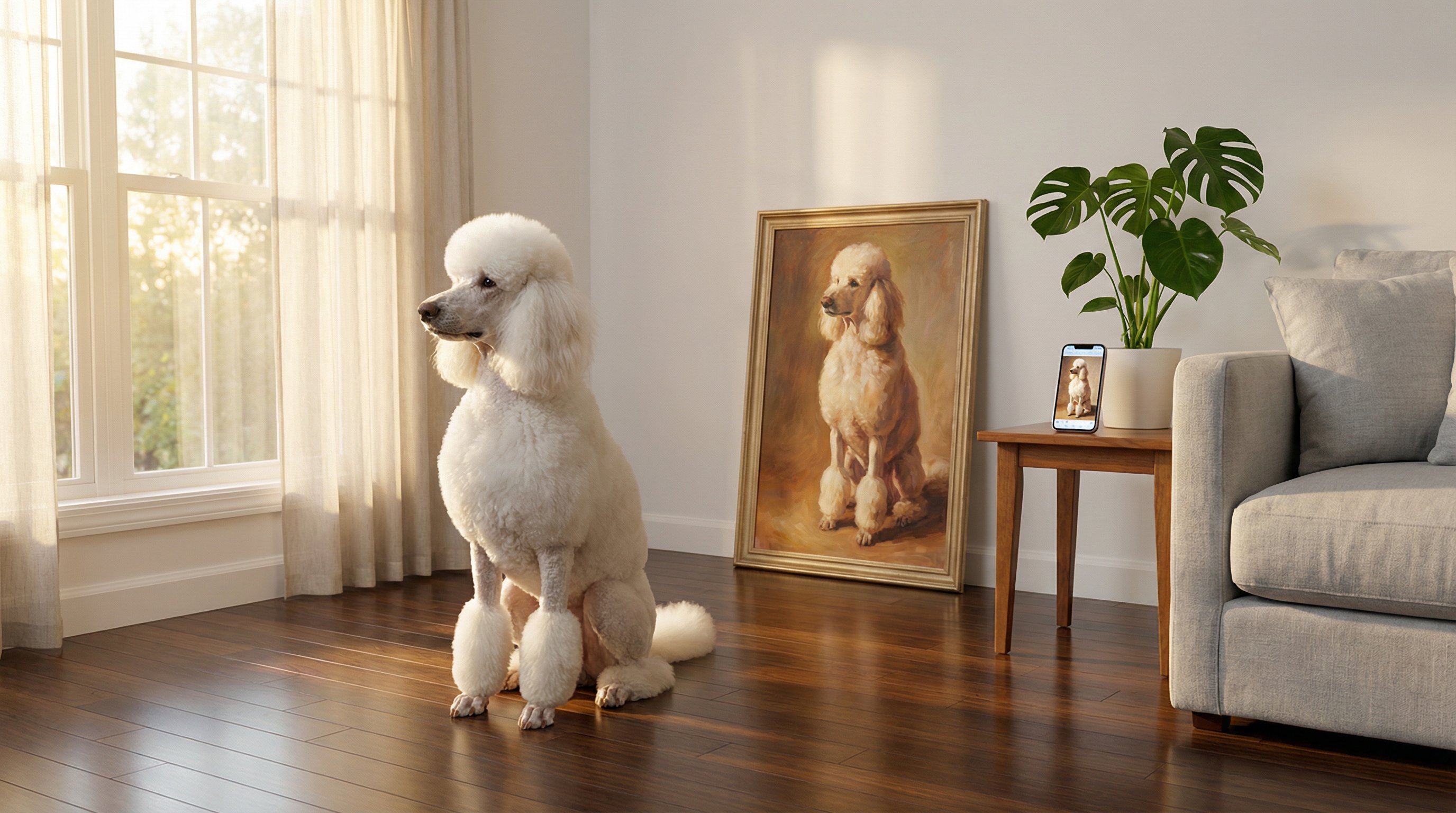 White poodle sitting beside its framed oil-painting portrait in a sunlit living room.