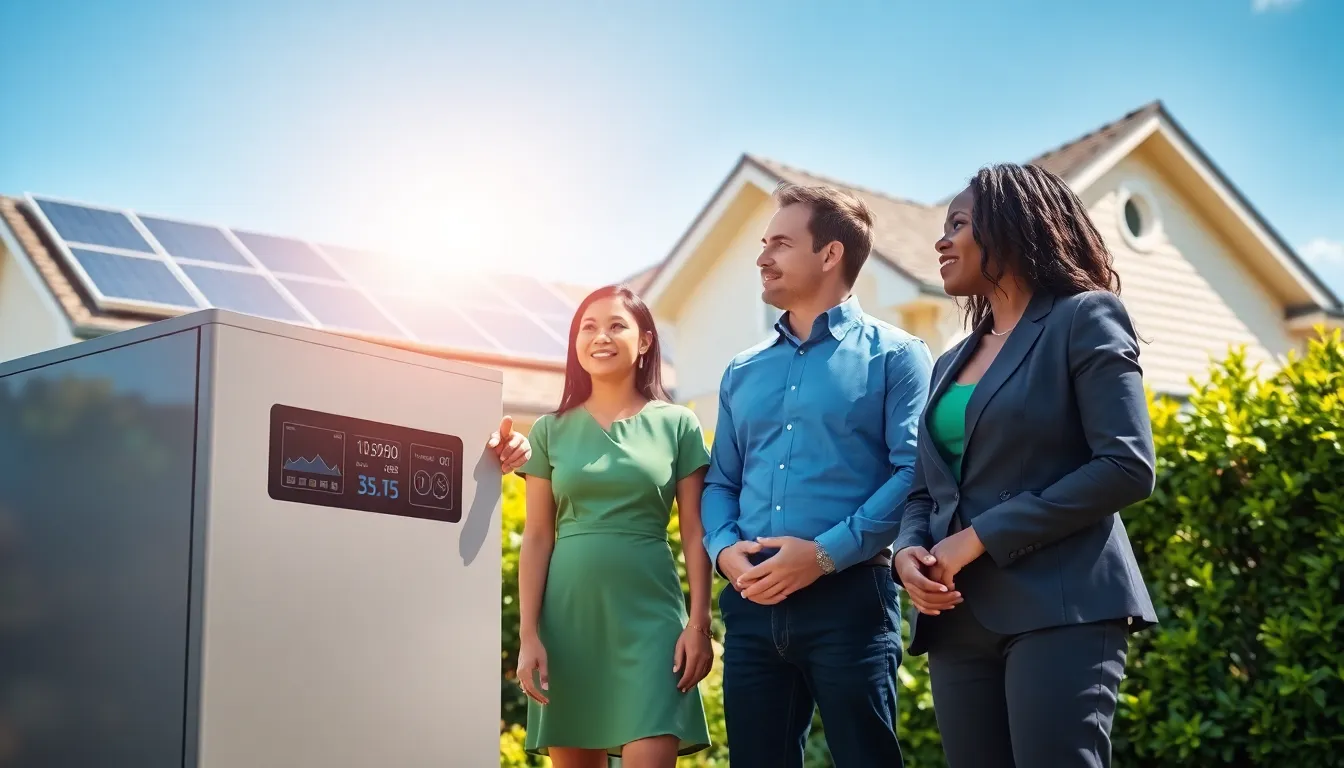 professionals discussing renewable energy solutions beside a solar-paneled house.