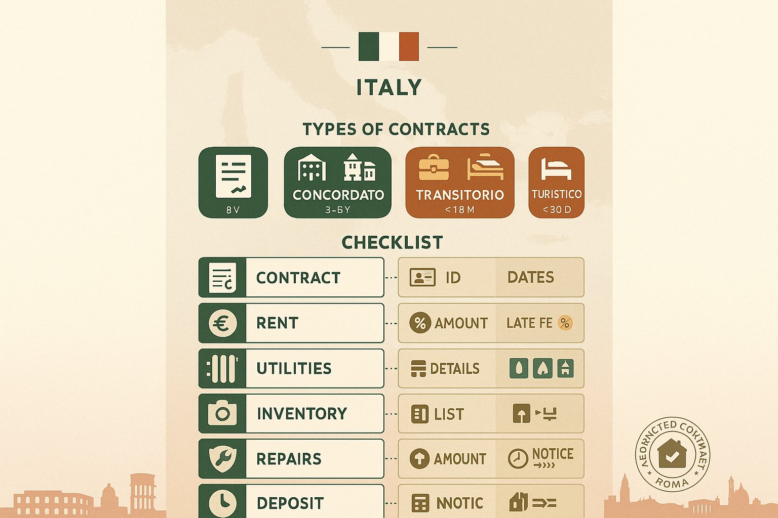Infografica stile lista che mostra come valutare un contratto di affitto italiano.