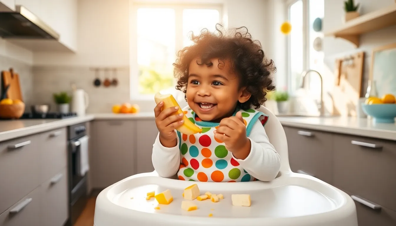 infant enjoying a banana during baby led weaning in a bright kitchen.