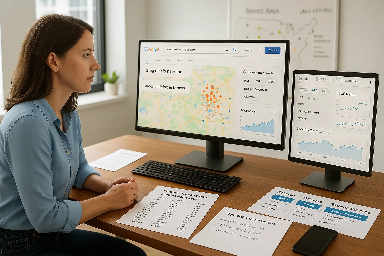 Marketer planning local SEO strategy for a U.S. rehab center with maps and keywords.