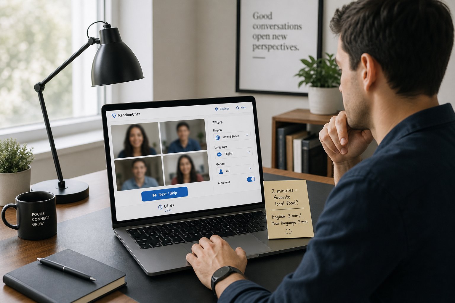 Professional using laptop video chat with filters, timer, and conversation prompts.