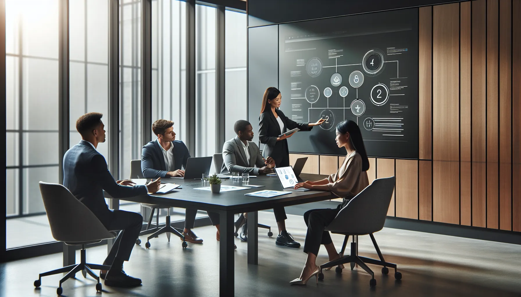 professionals collaborating on call management strategies in a modern office.