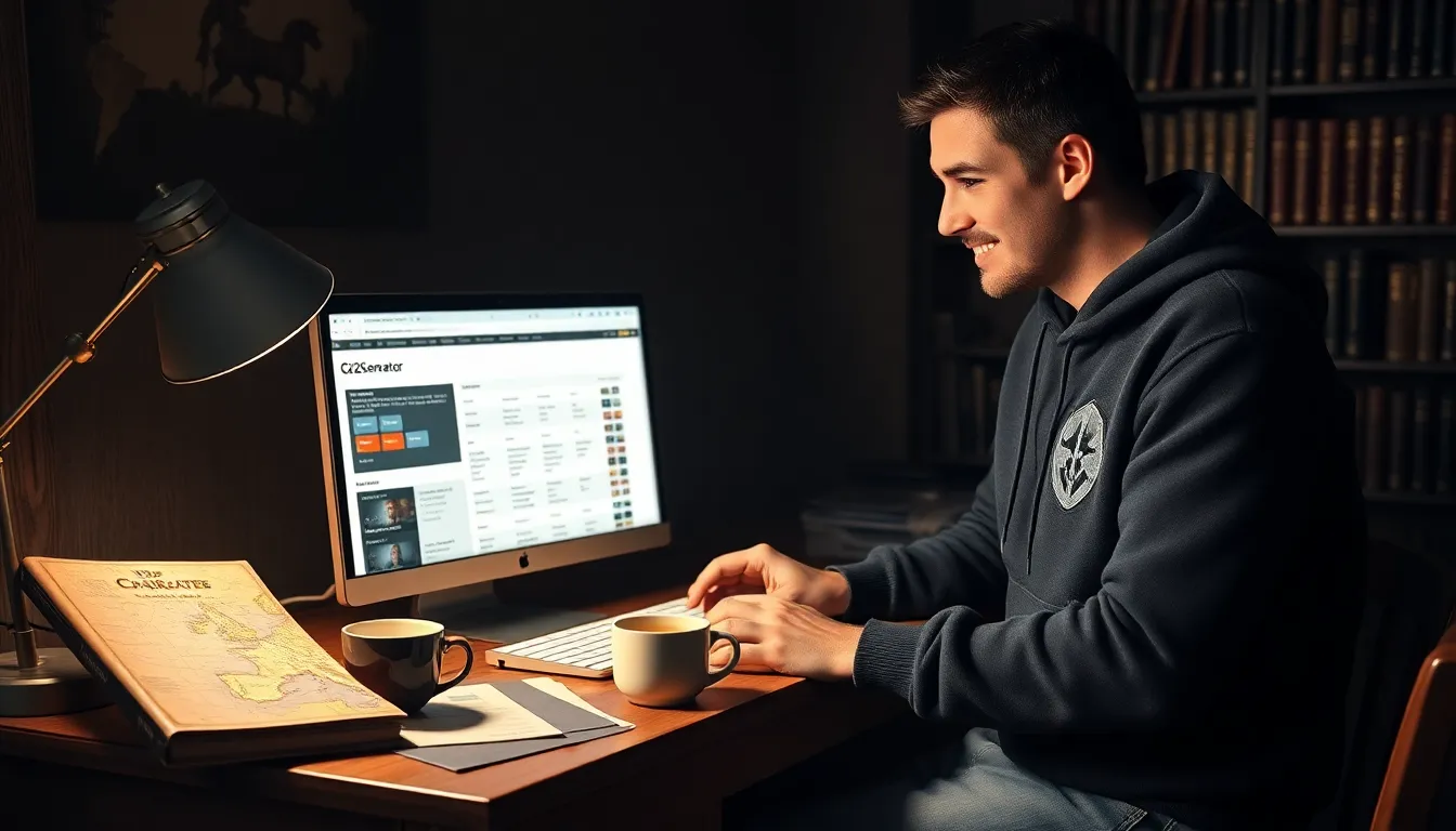 a gamer using Ck2Generator to create characters on a computer.
