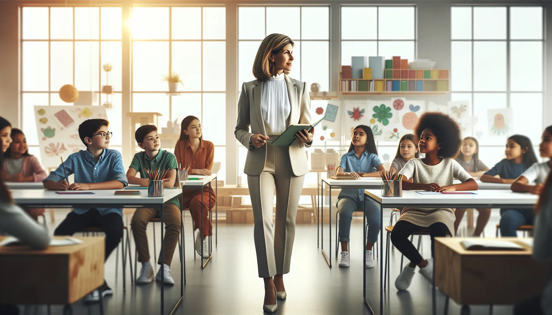 Tiffney Cambridge teaching in a vibrant classroom with diverse students.