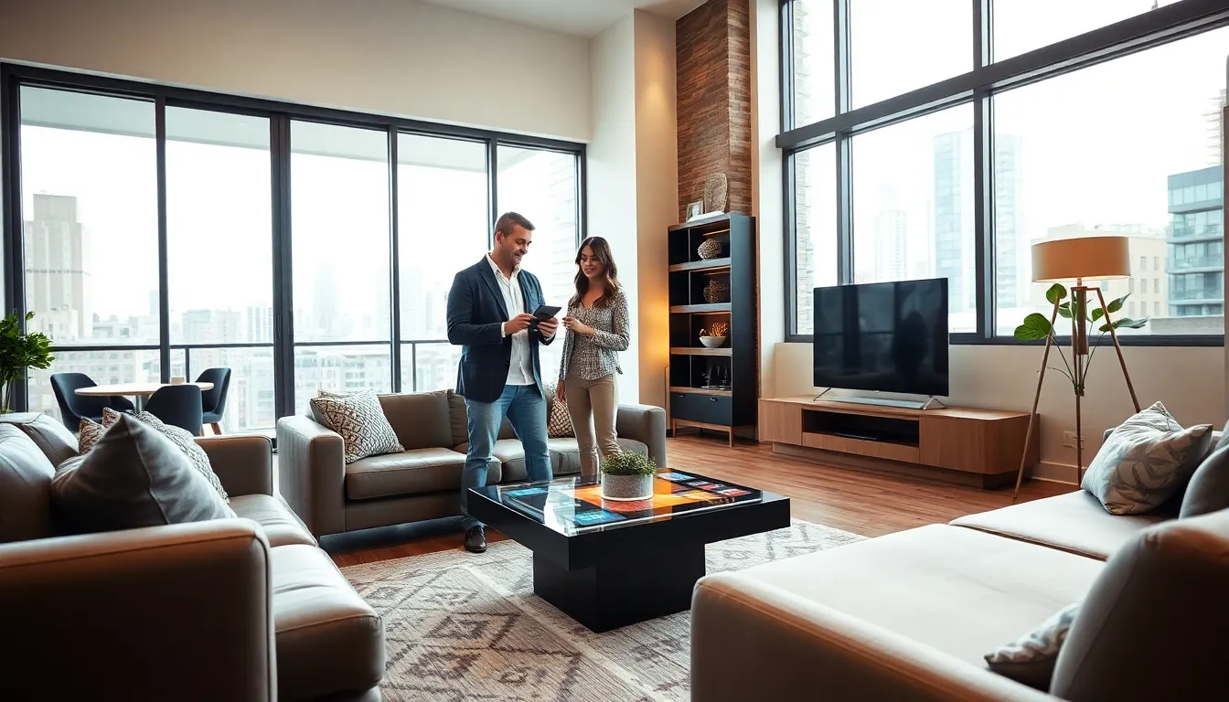 couple managing smart home devices in a modern Chicago living room.