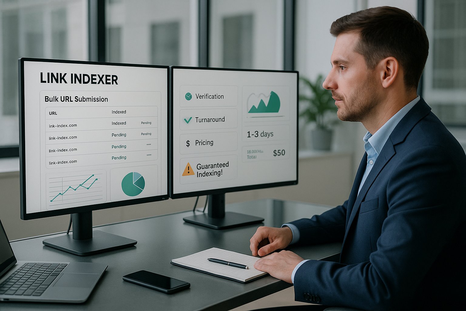 SEO professional reviewing link indexer dashboard and transparent reporting in a modern office.