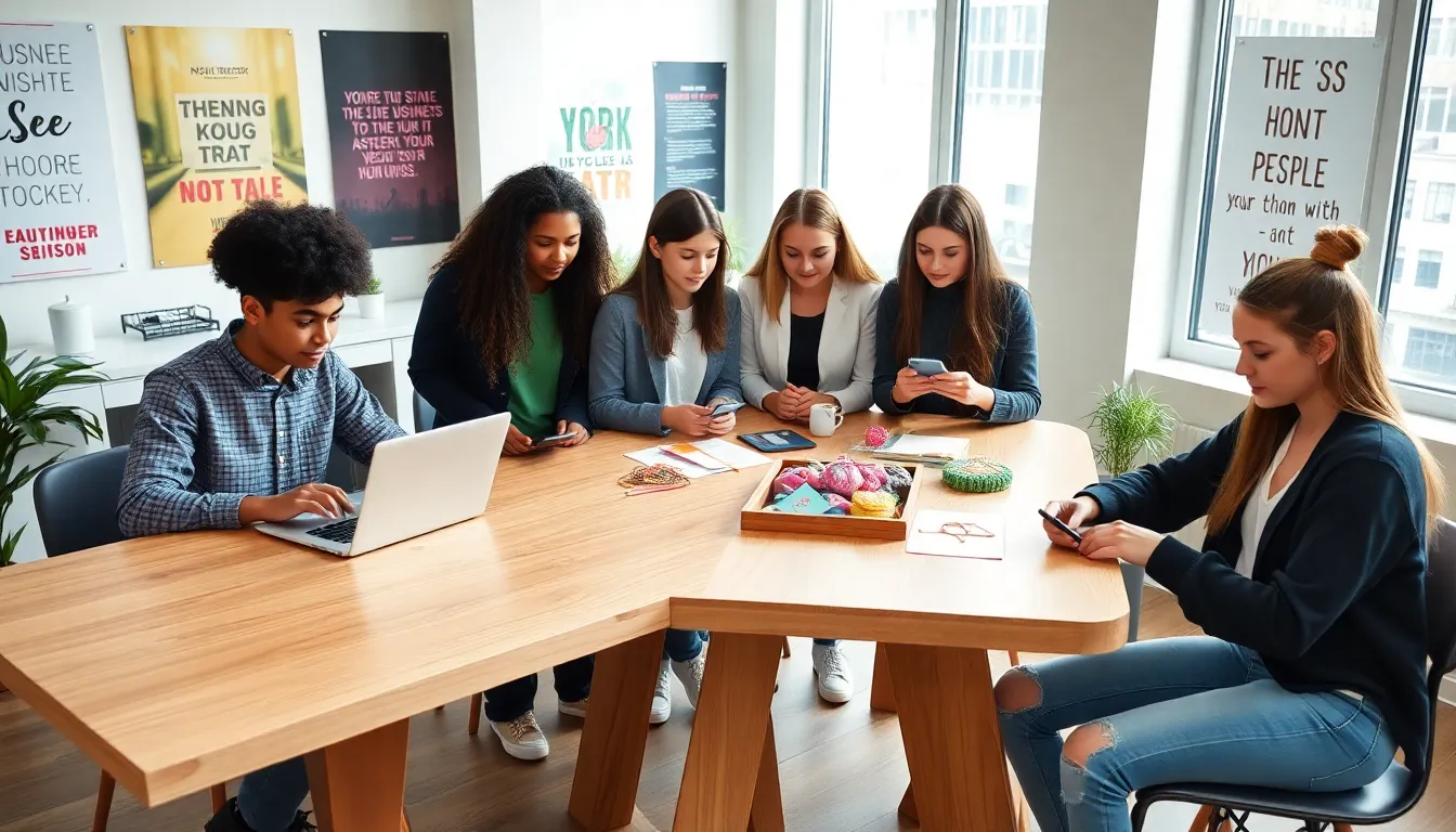 teenagers engaging in various side hustle activities in a modern workspace.