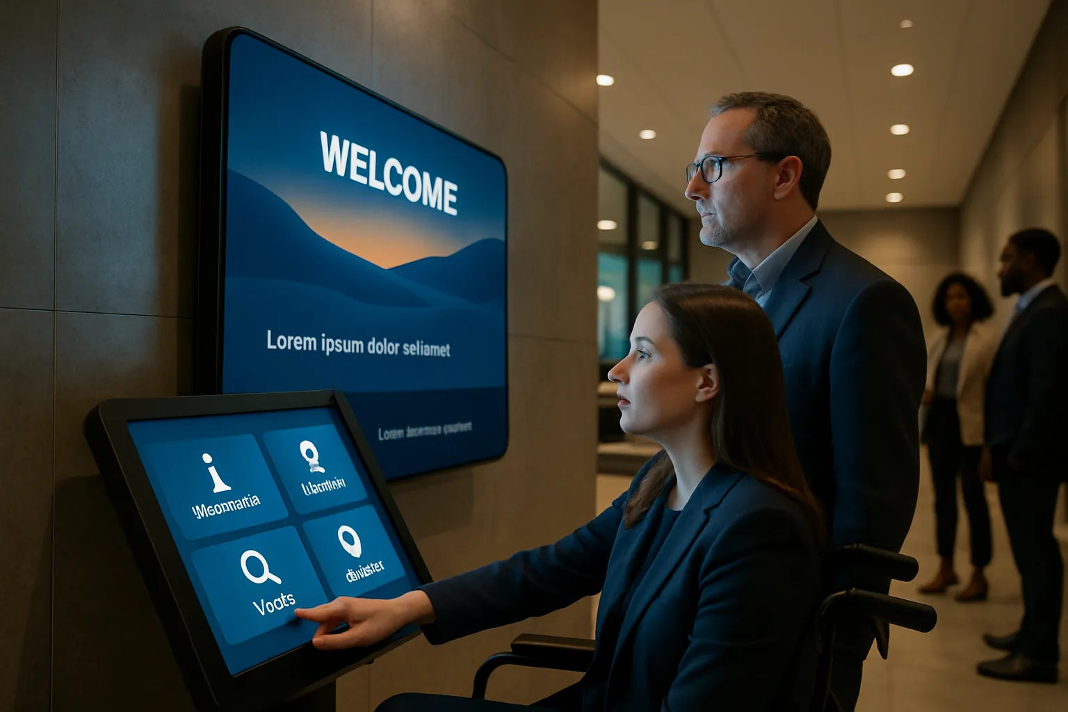 Diverse visitors engaging with an accessible, immersive digital signage display in a modern lobby.