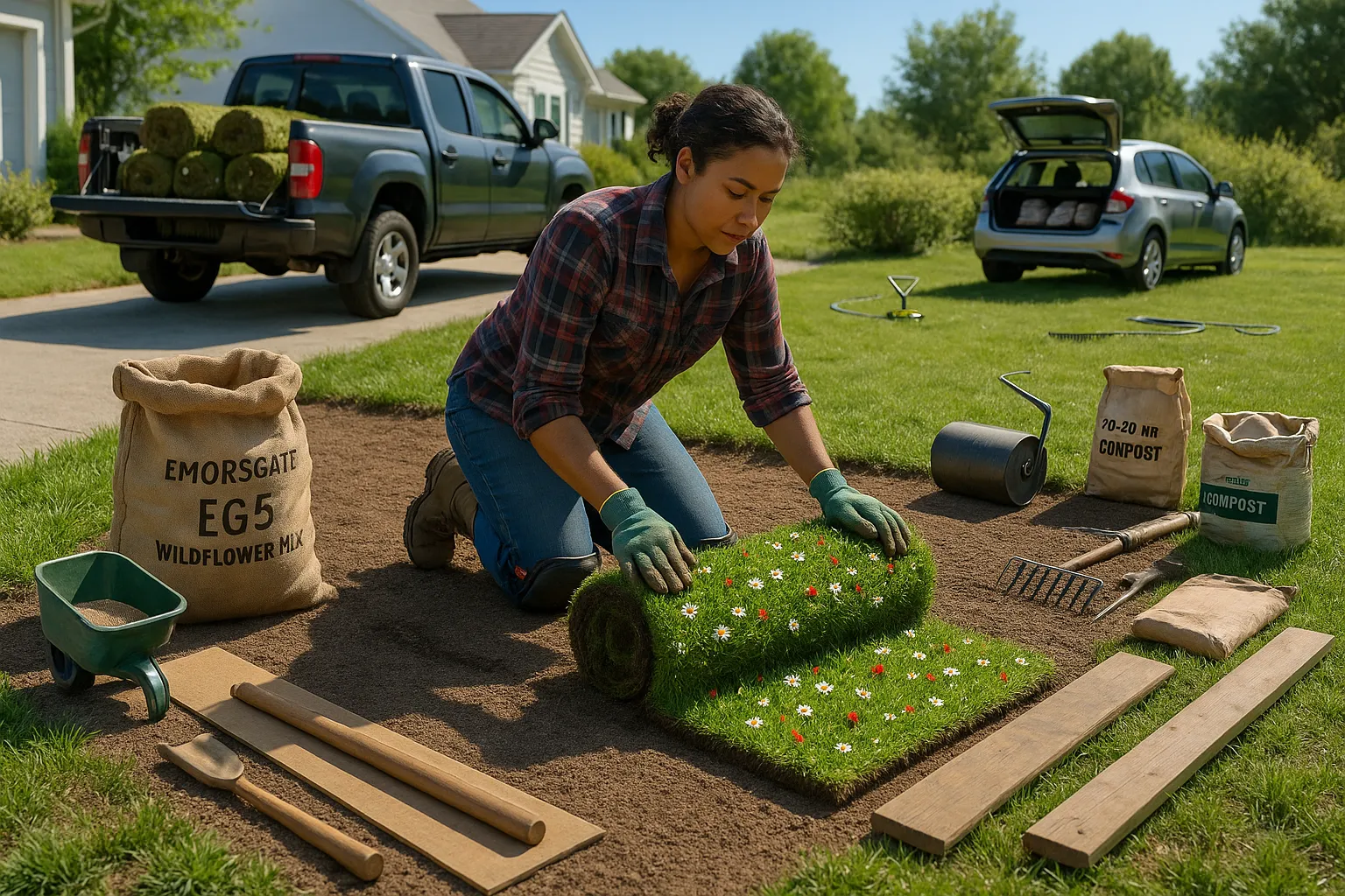 Homeowner unrolling wildflower turf beside seeding tools in a suburban yard.
