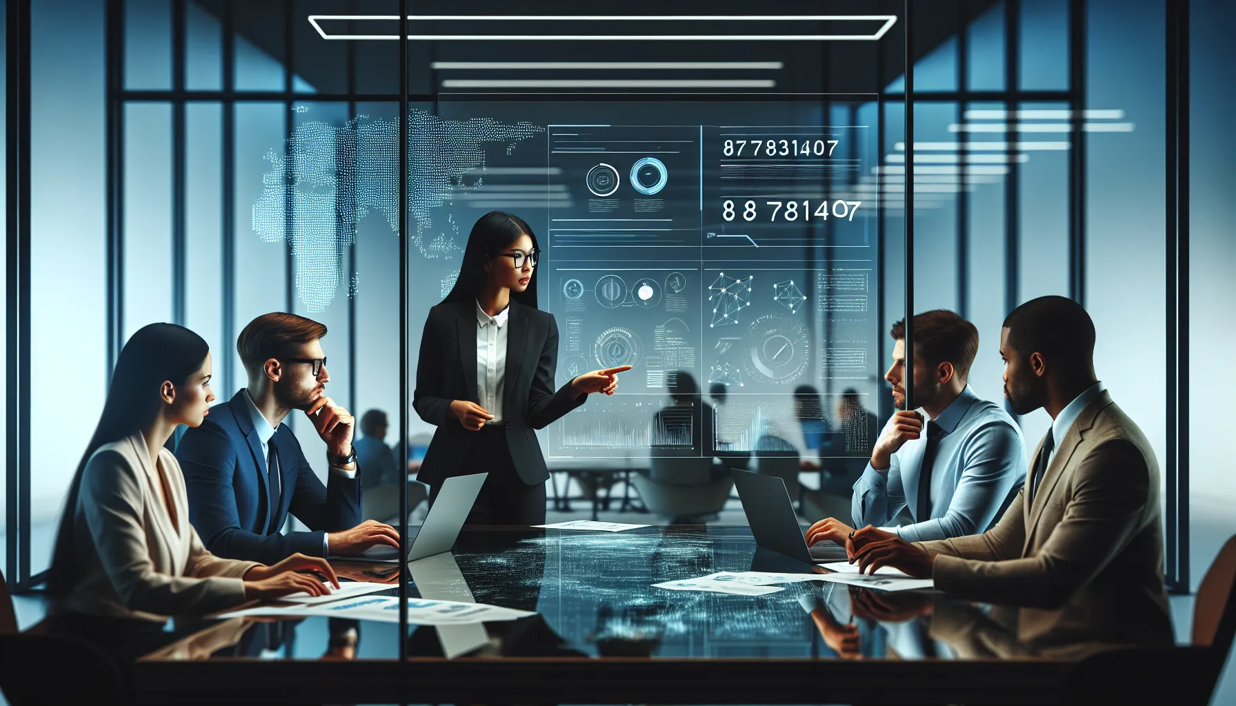 professionals collaborating in a modern office around a digital screen.