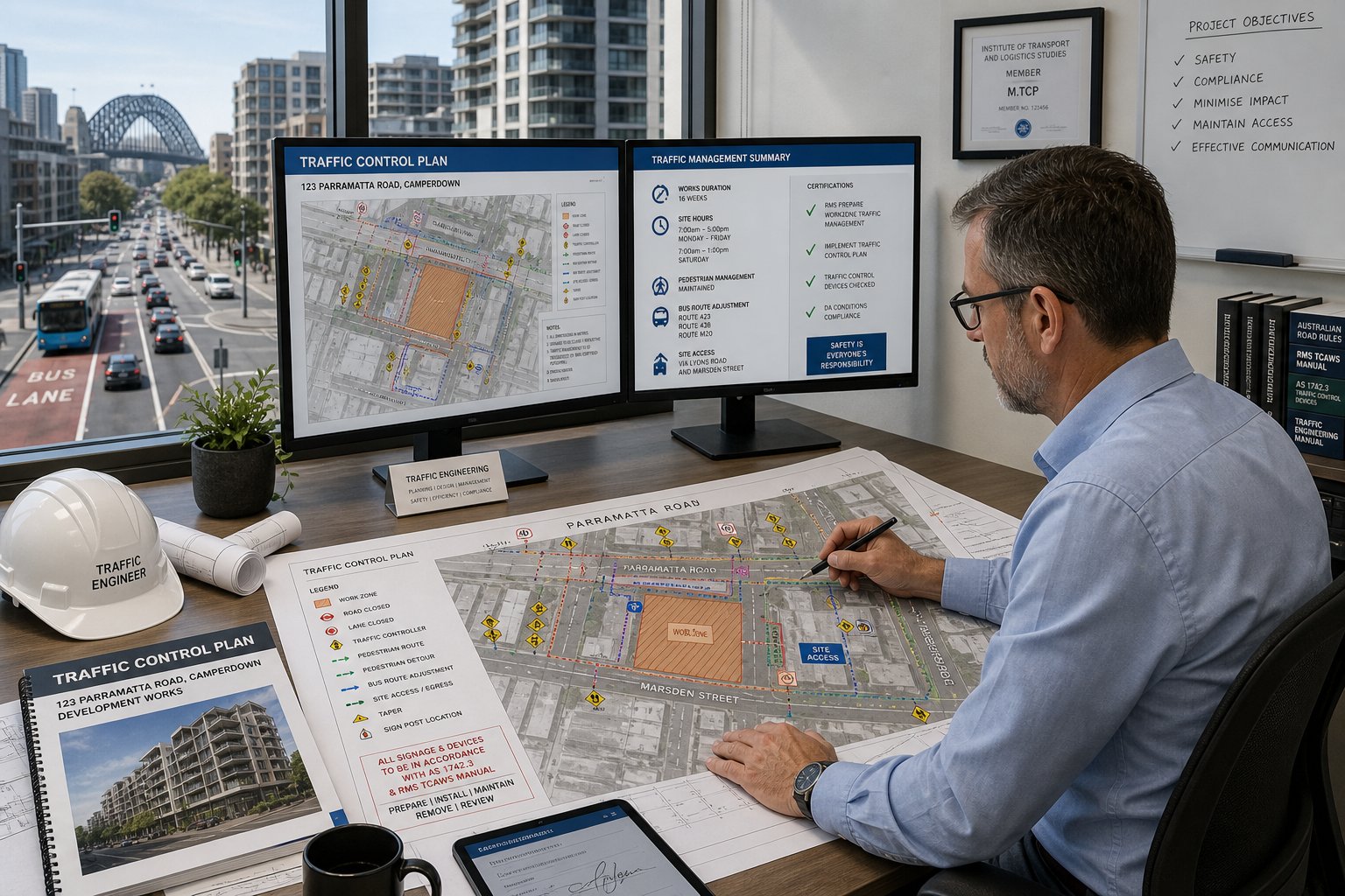 Traffic engineer reviewing a Sydney traffic control plan in a modern office.