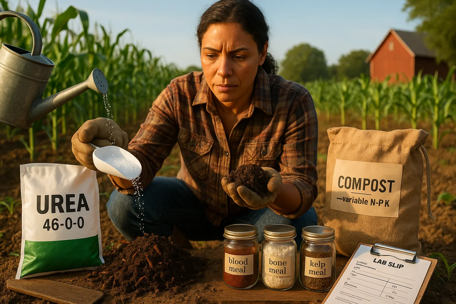 Farmer comparing urea granules and dark compost beside young corn plants.
