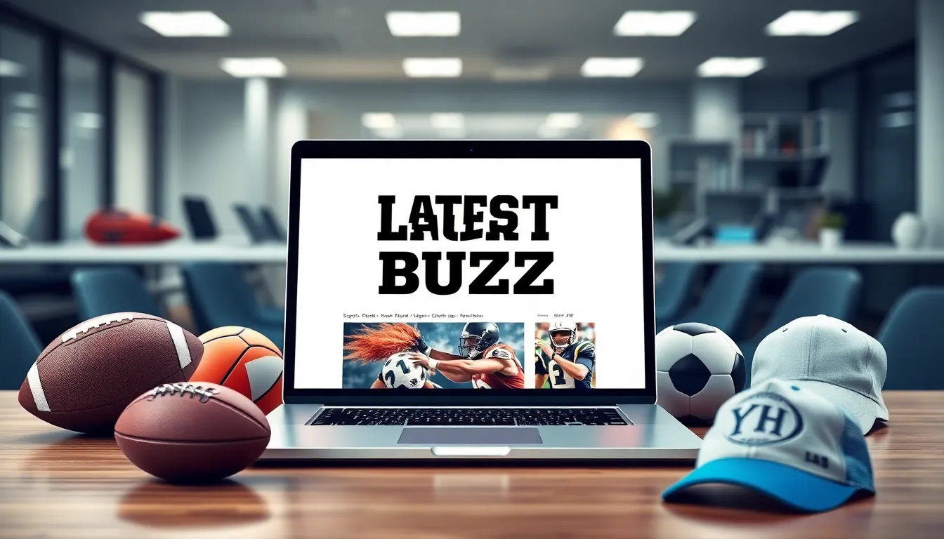 laptop displaying the Latest Sports Buzz email with sports memorabilia.