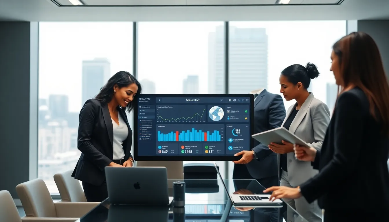 professionals collaborating on the Nimuri159 platform in a modern office.