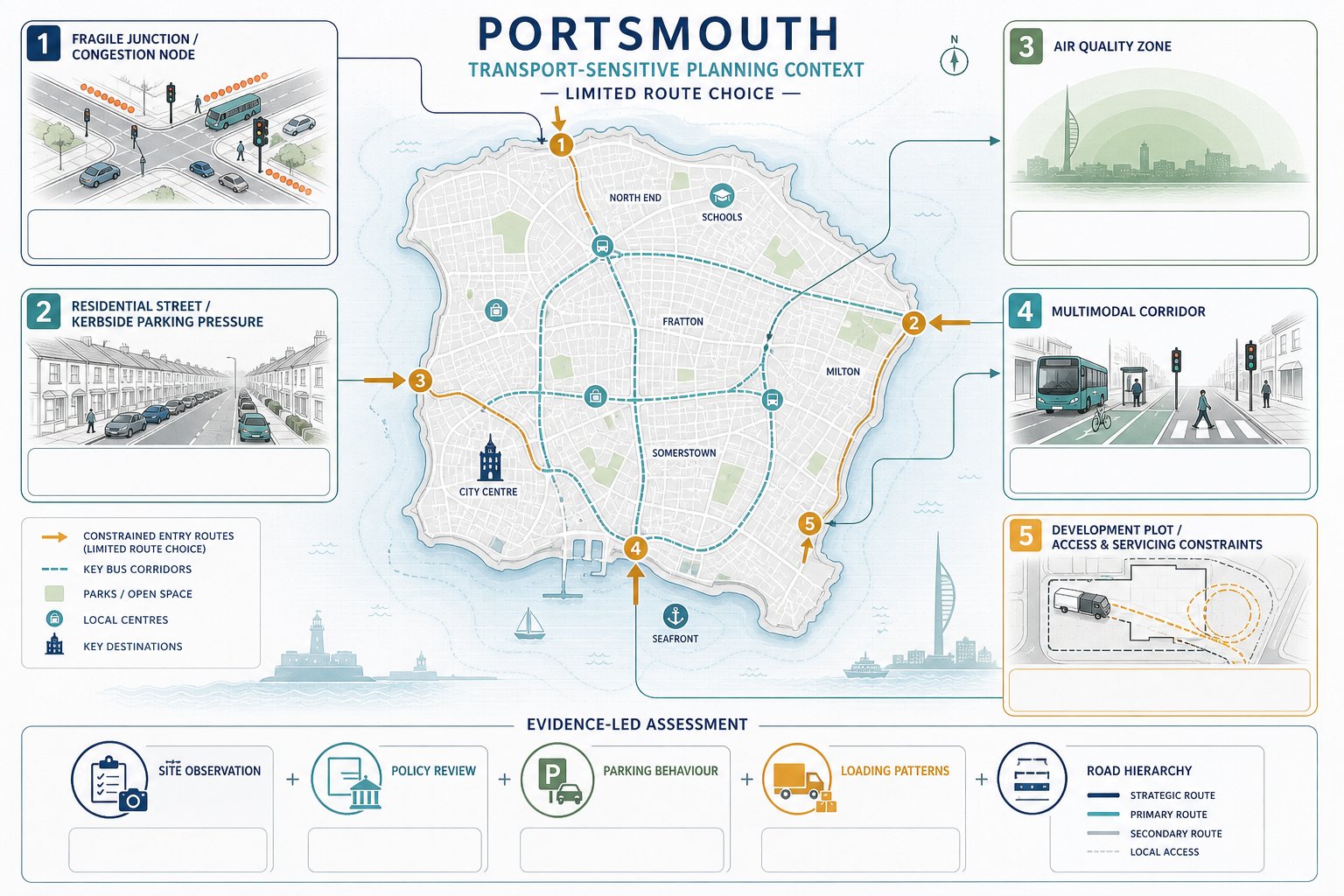 Infographic of Portsmouth transport planning issues affecting development and site access.