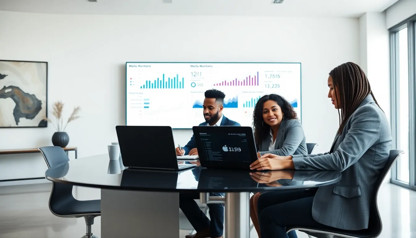 diverse professionals discussing media monitoring analysis in a modern office.