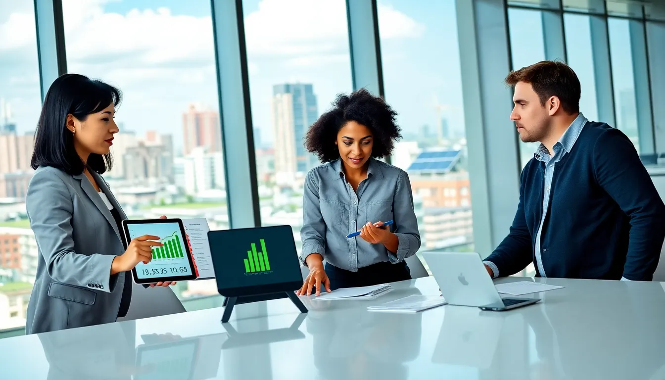 professionals collaborating in a modern office focused on energy solutions.