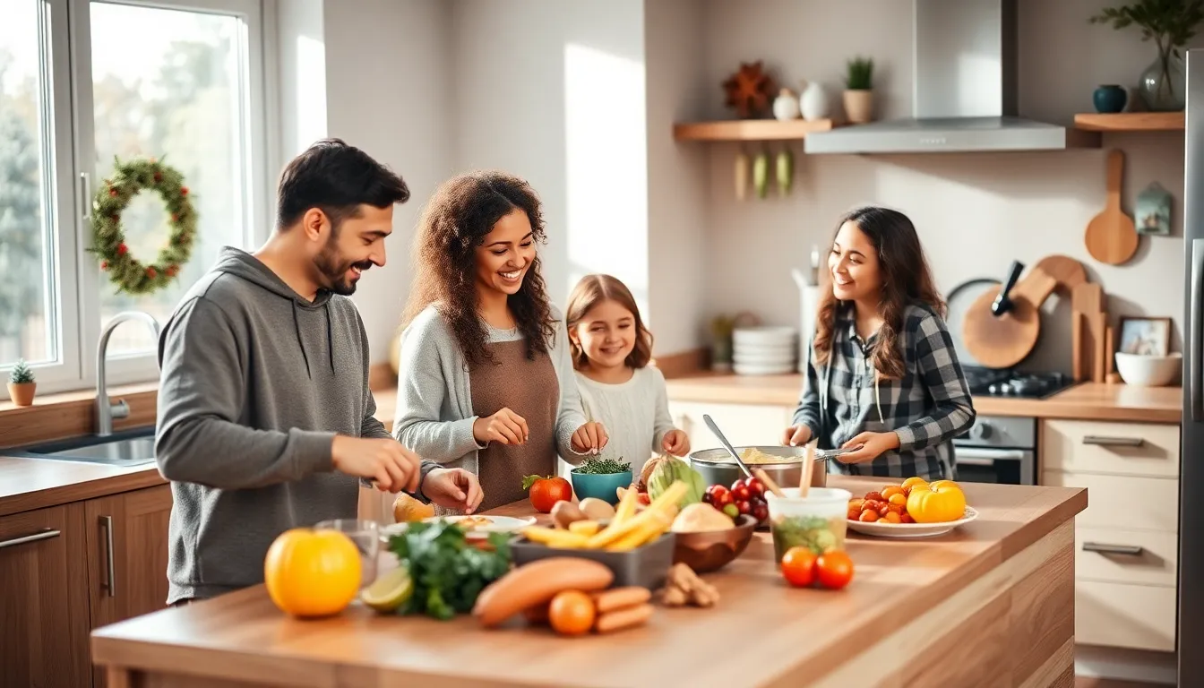 family preparing Thanksgiving meal in a modern kitchen.