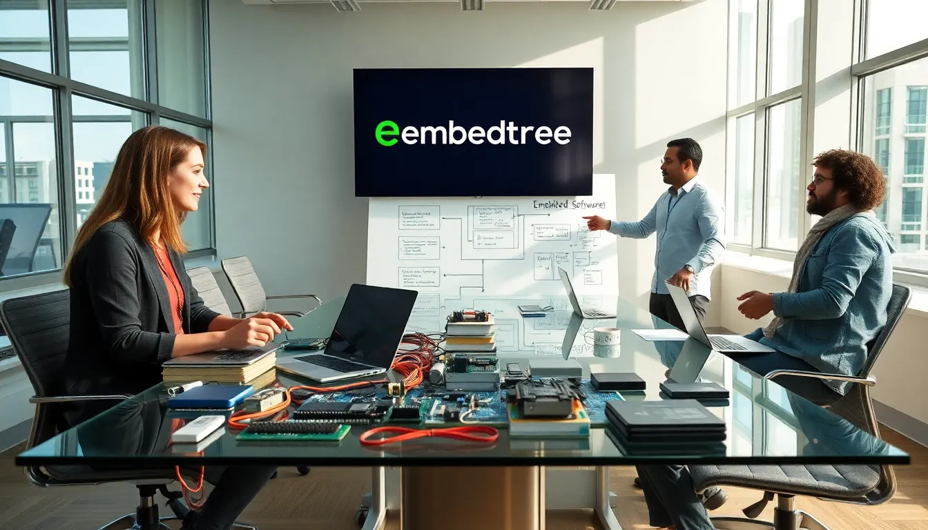 engineers collaborating on embedded systems in a modern office.