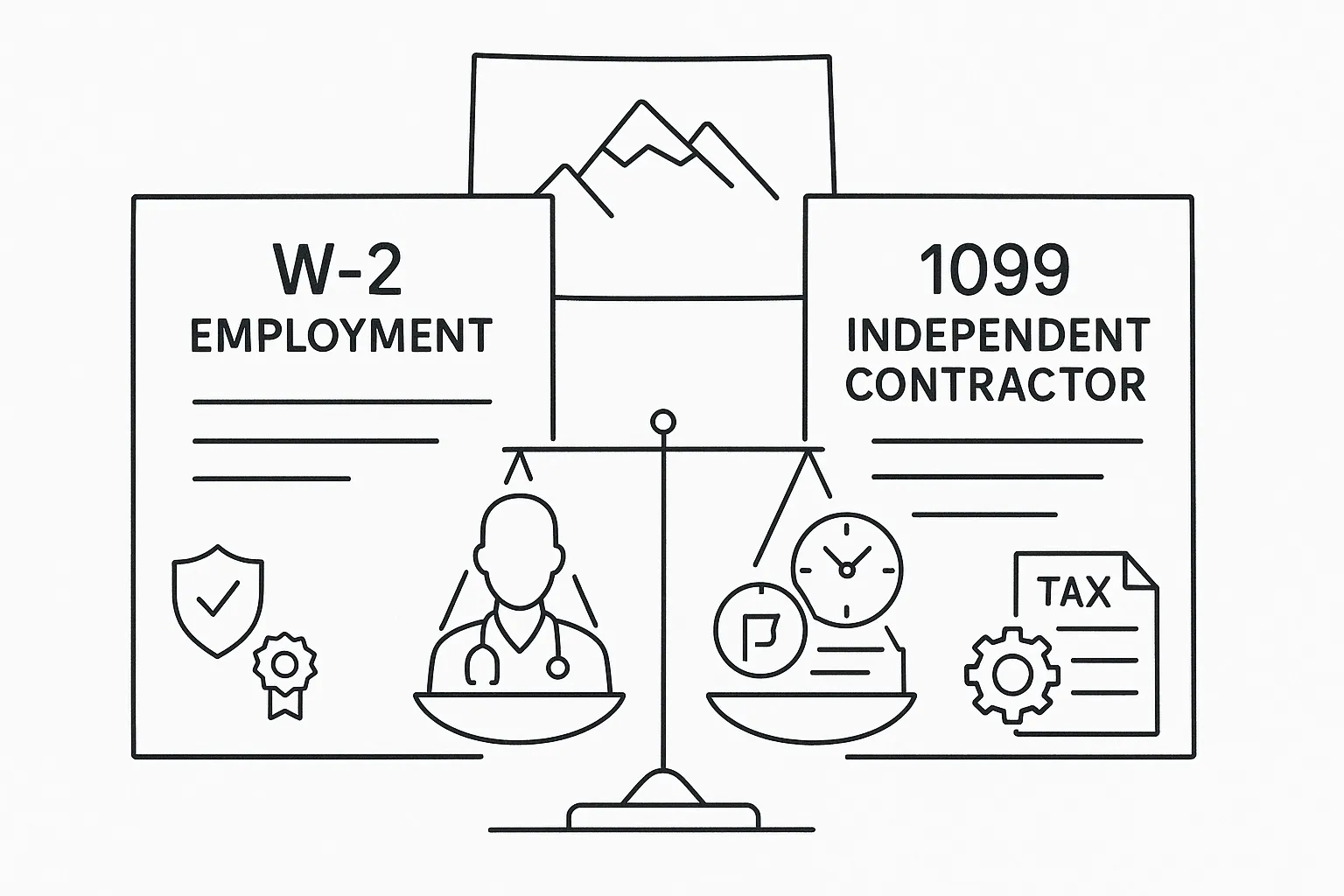 Two contract documents beside a balance scale and a small PA silhouette of Colorado Physician Assistant Contract Review.