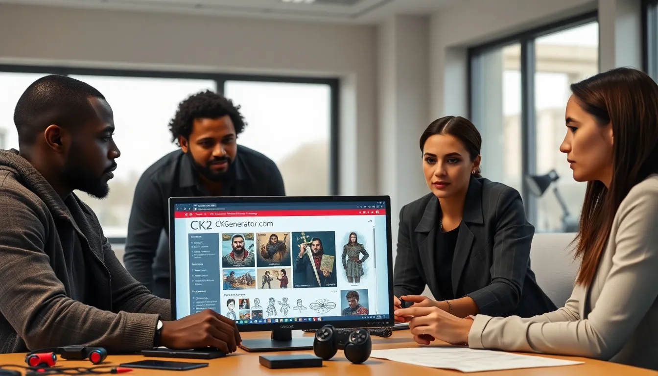 diverse group of gamers collaborating on character design for CK2Generator.