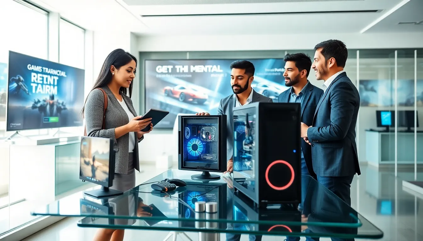 professionals discussing gaming PCs in a modern office environment.