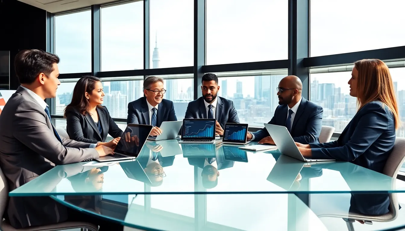 financial analysts discussing Walgreens' quarterly earnings in a modern office.