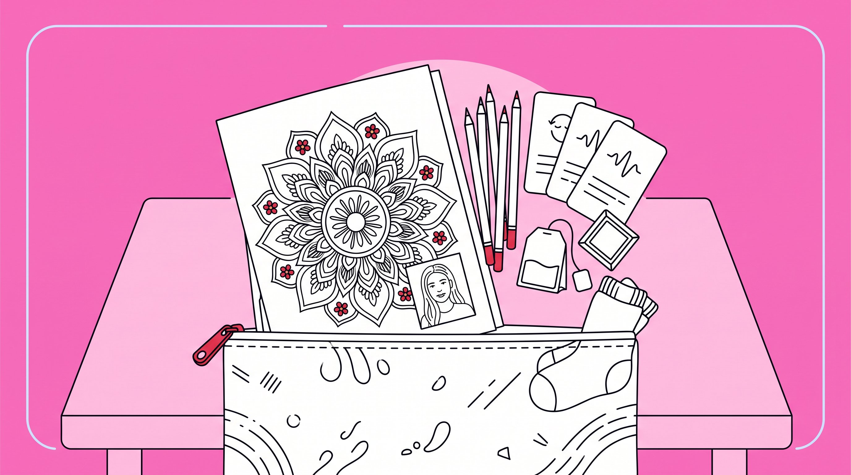 A personalized coloring kit with pencils, tea, prompt cards, and floral pages.
