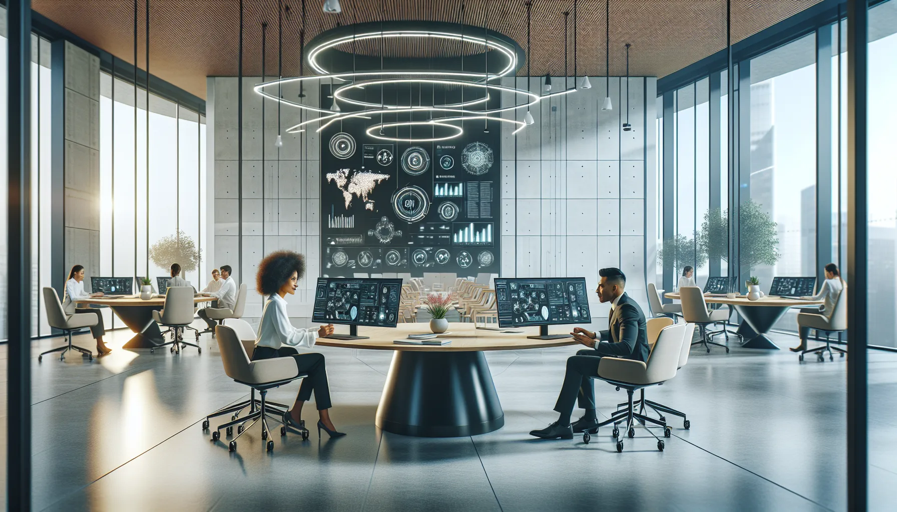 diverse professionals discussing technology in a modern workspace.