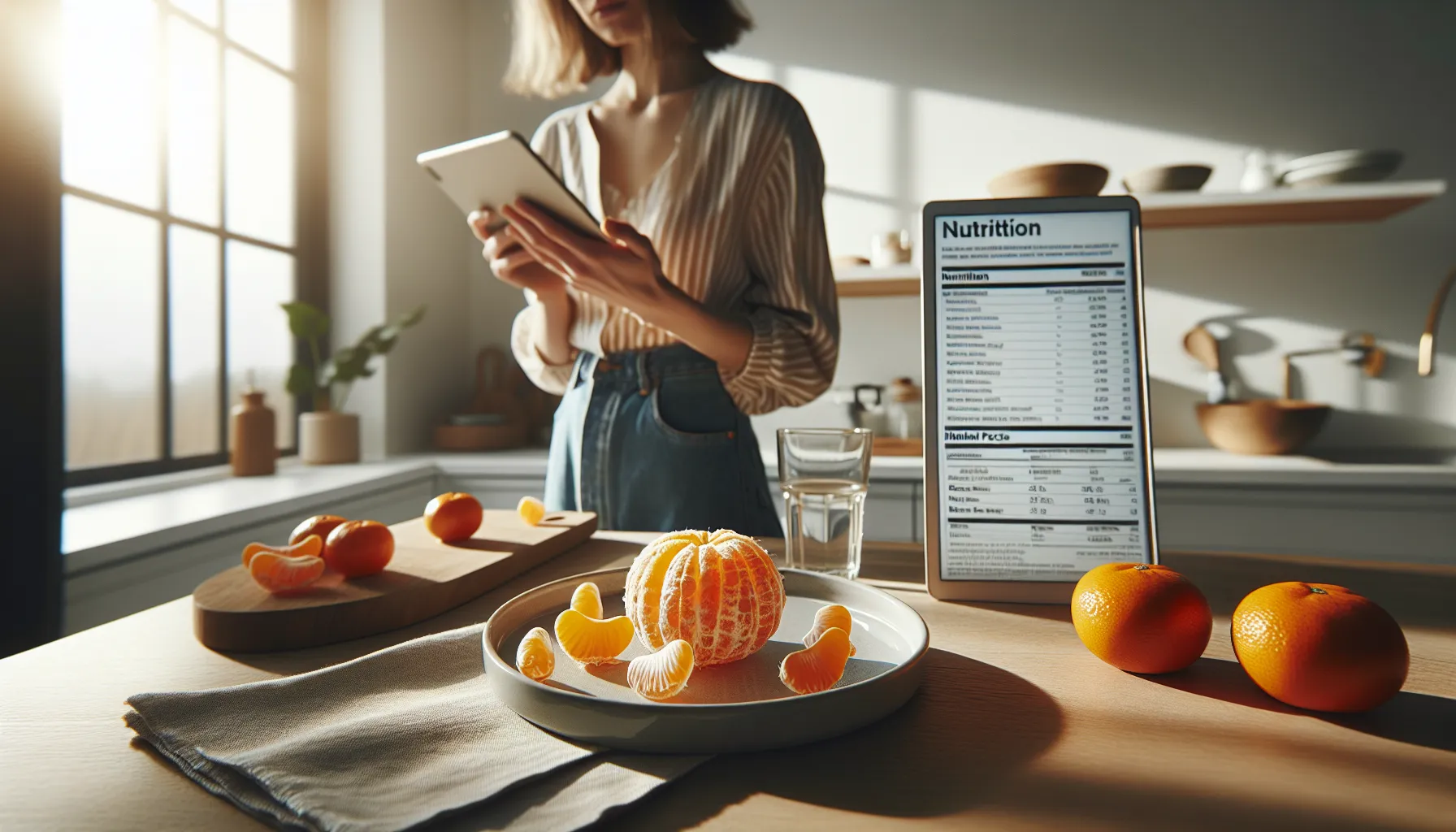Peeled mandarin and nutrition table on a modern kitchen counter.