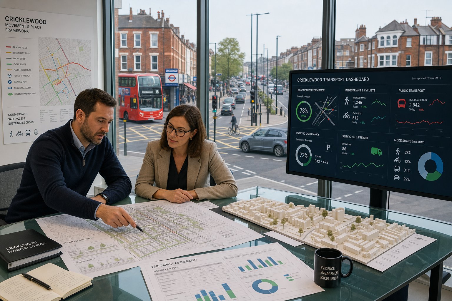 Traffic engineer reviewing Cricklewood transport plans beside a busy London street.