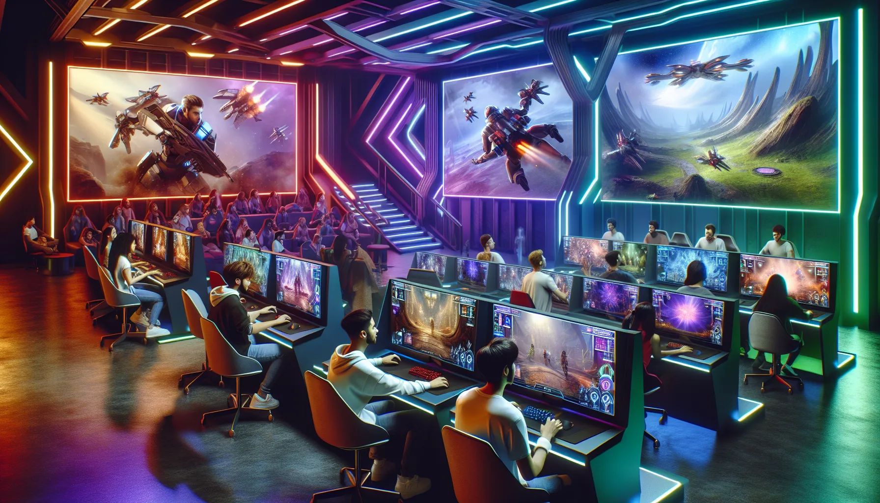 diverse gamers engaged in Bobfusdie7.9 in a modern gaming lounge.