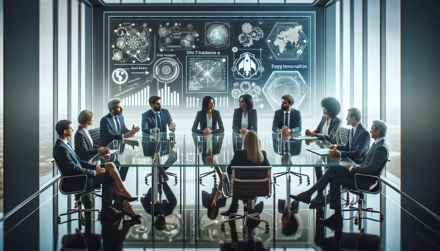 diverse professionals discussing science and technology in a modern office.
