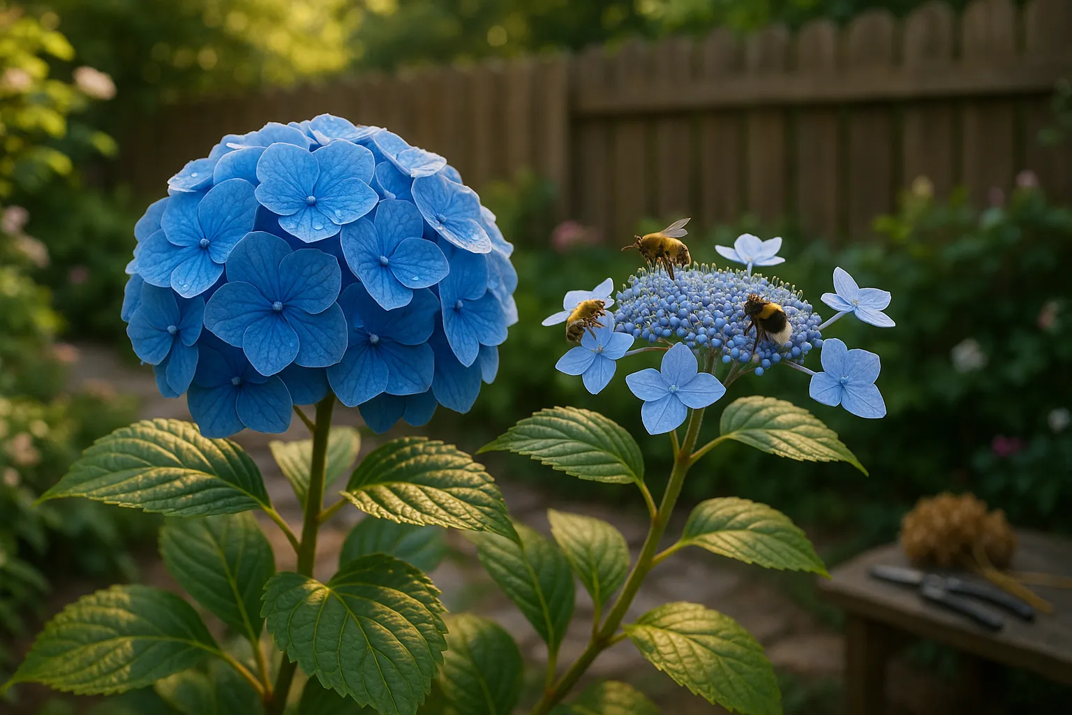 Side-by-side mophead and lacecap hydrangeas in a sunny backyard garden.