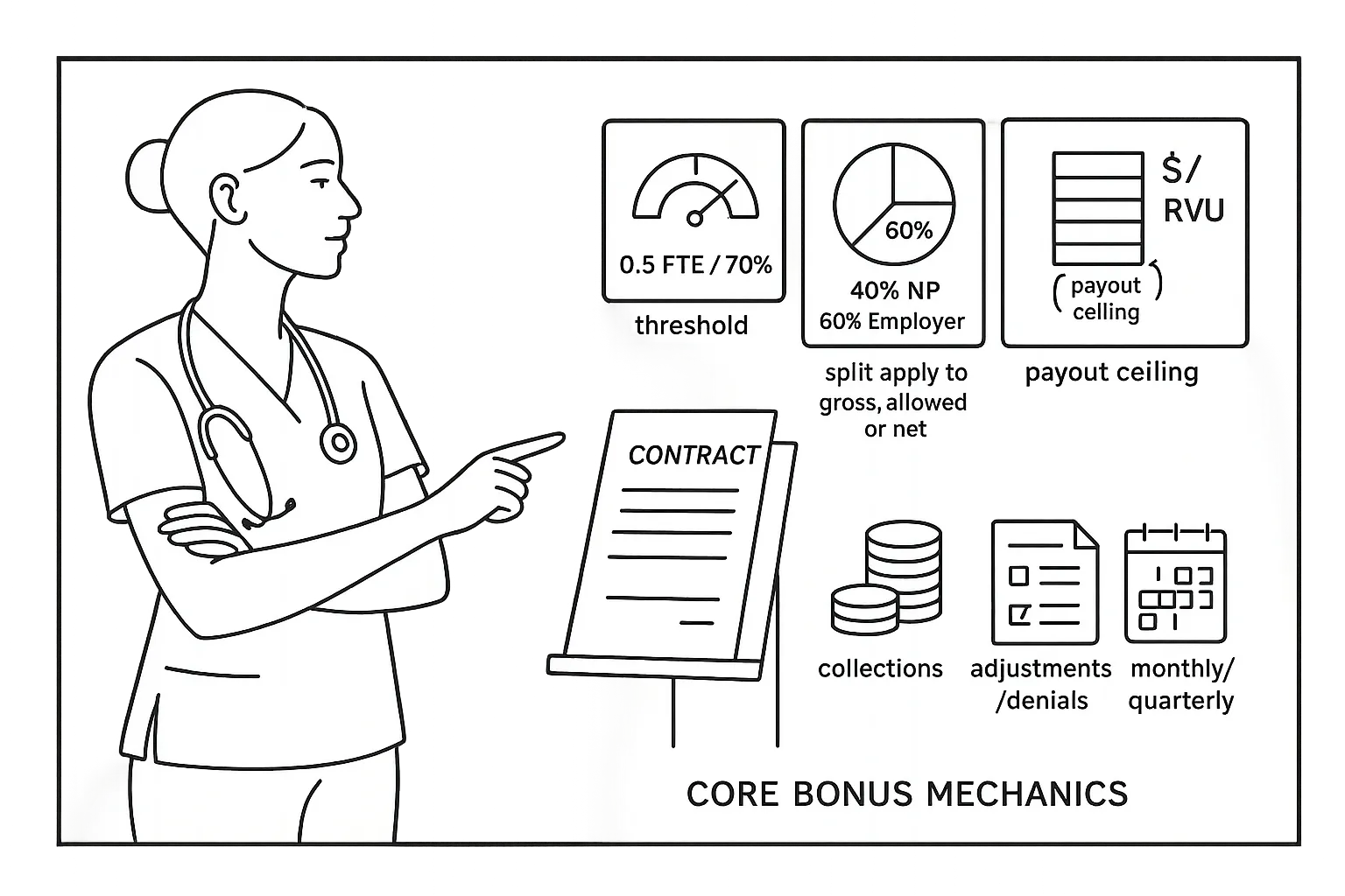 Nurse practitioner pointing at contract with charts showing thresholds, splits, and RVUs.