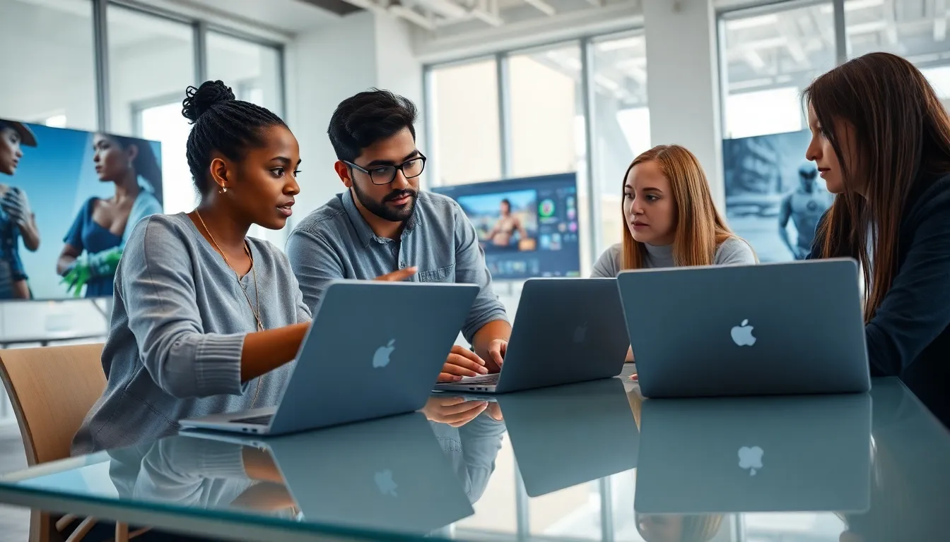 professional game developers collaborating around laptops in a modern office.