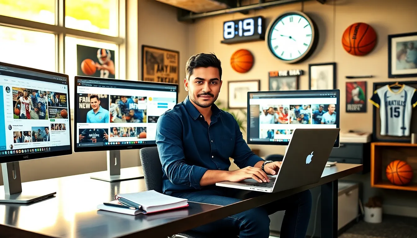 Jimmy Dominguez working in a sports journalism office with monitors and memorabilia.