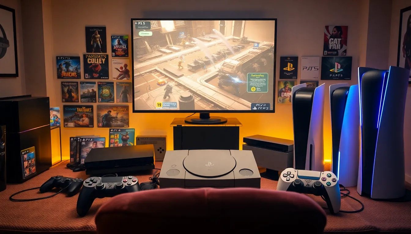 various PlayStation consoles displayed in a nostalgic gaming room.