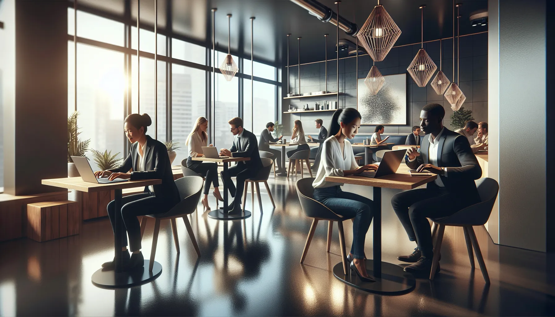 professionals using devices in a coffee shop, showcasing network connectivity.