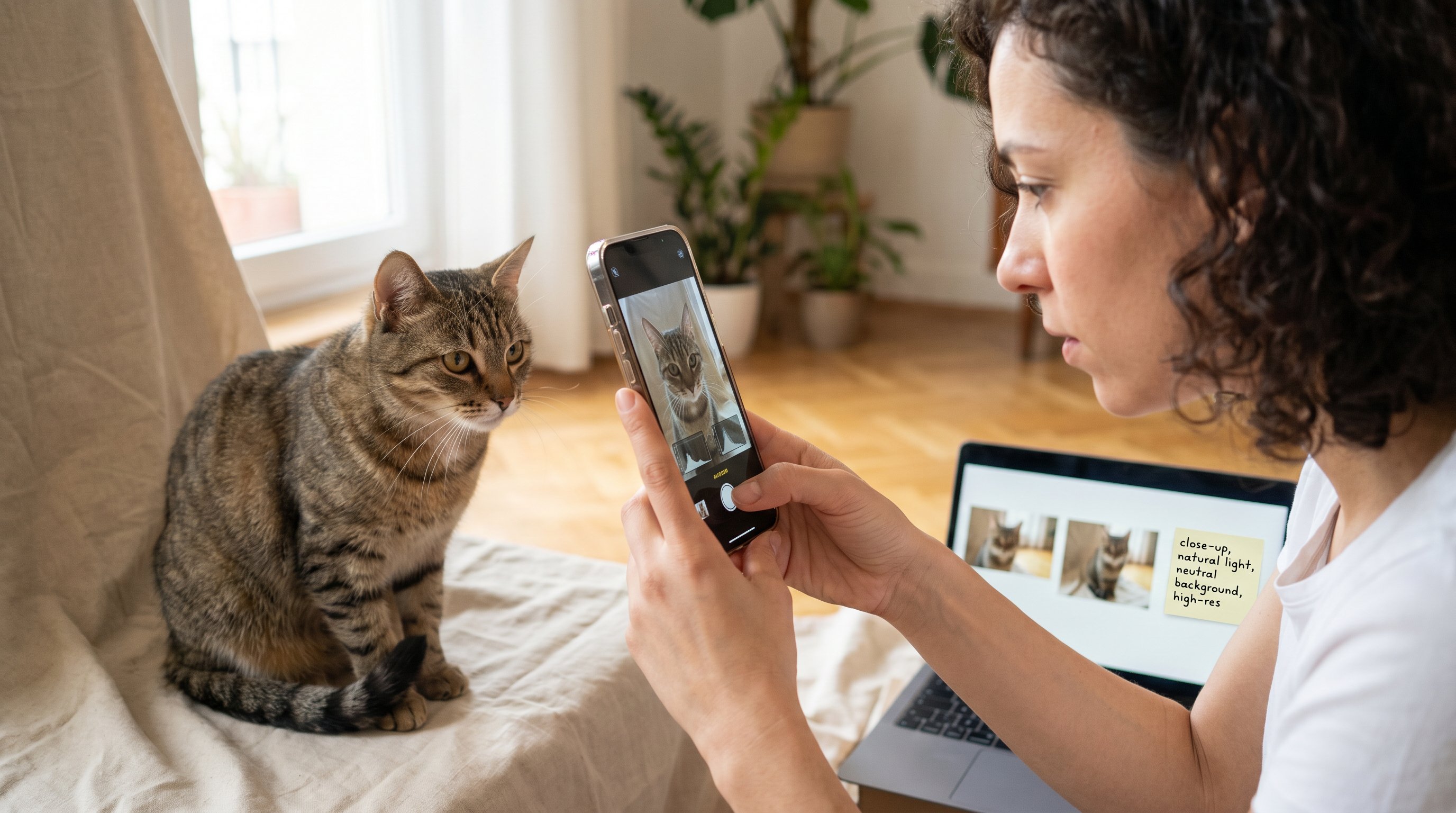 person photographing a tabby cat near a window with a smartphone and laptop previews