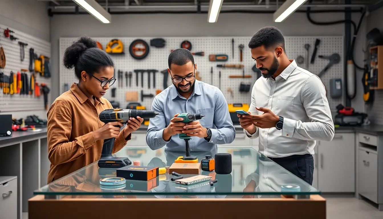 professionals collaborating with G15Tool gadgets in a modern workshop.