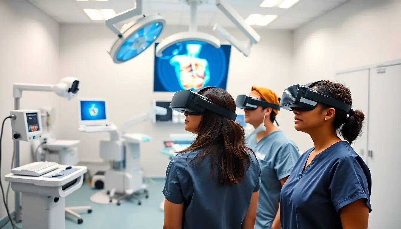 surgeons using virtual reality for surgical training in a modern setting.