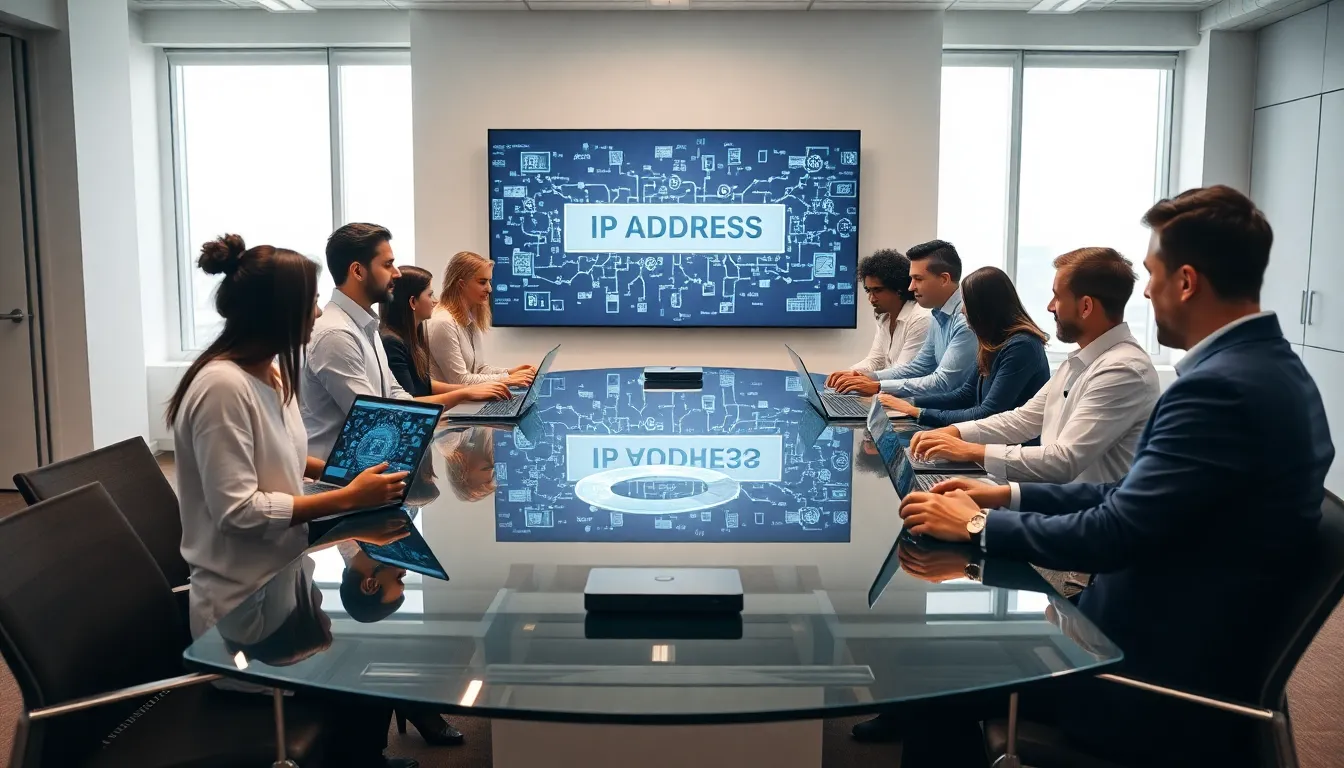 diverse team discussing IP addresses in a modern office.