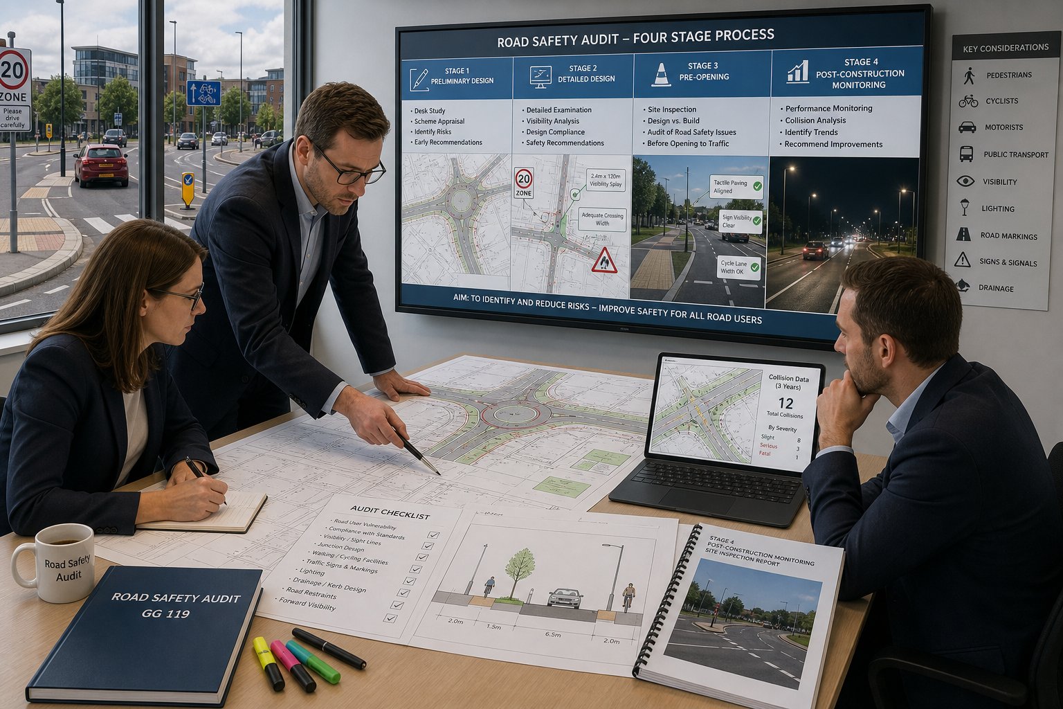 Consultants reviewing UK road safety plans and highway design stages.
