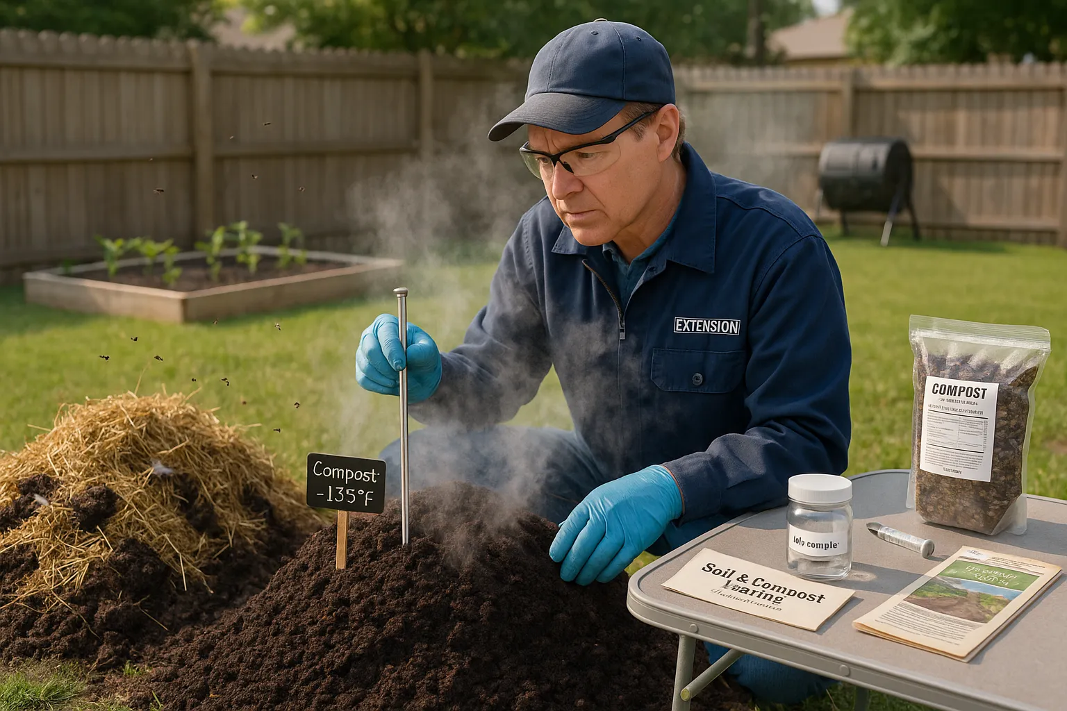 Technician measuring temperature of hot compost beside a raw manure heap.
