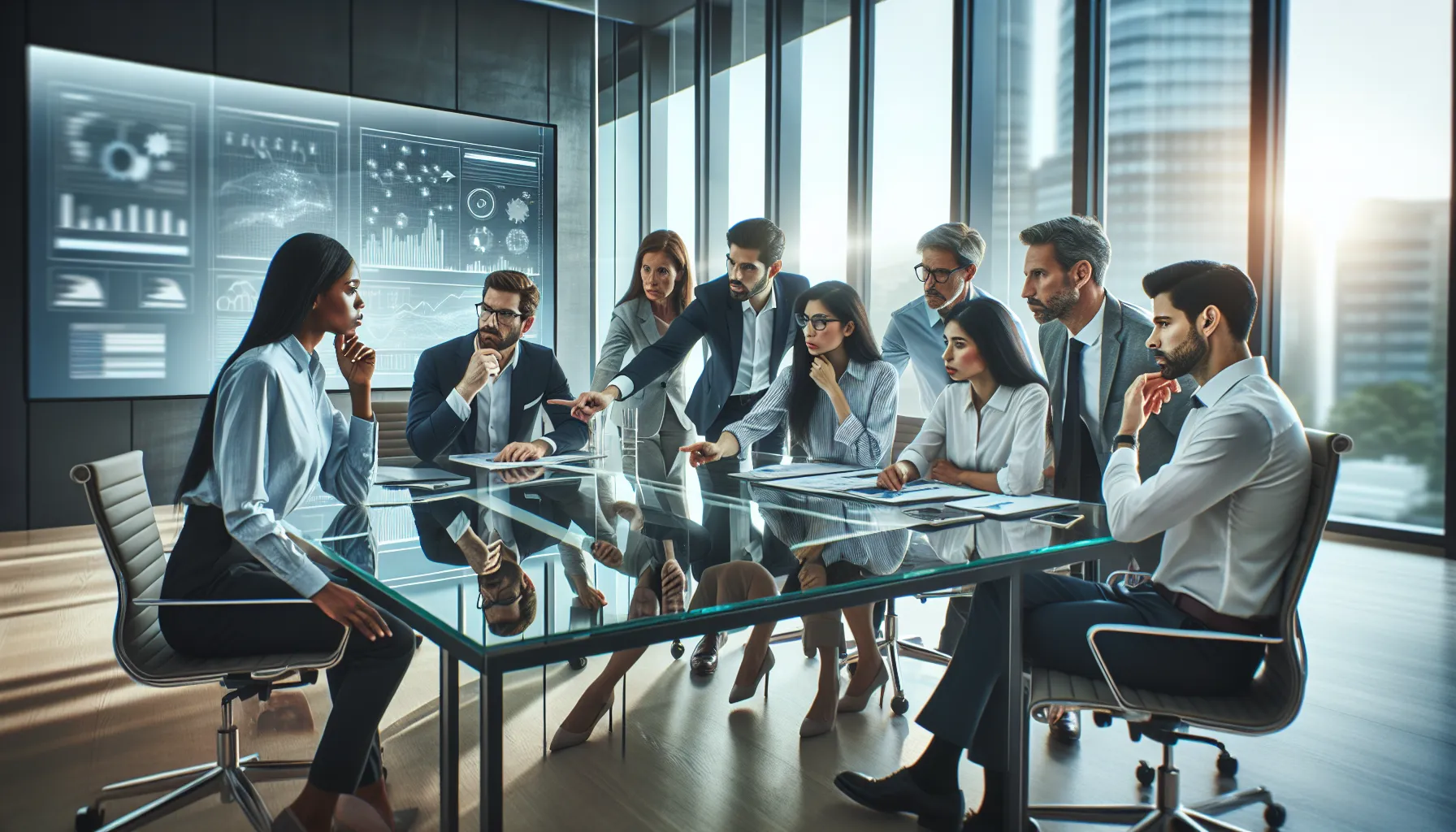 diverse professionals collaborating on operational efficiency tools in a modern office.