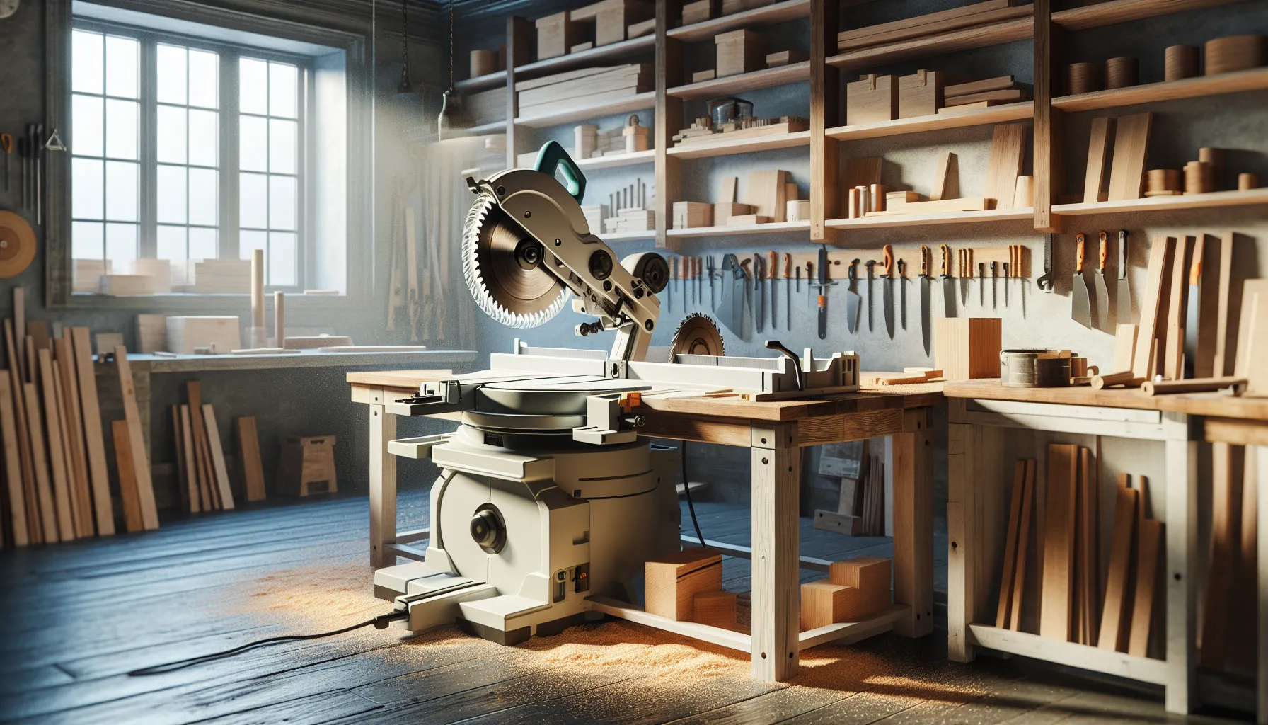 A miter saw and a circular saw displayed side by side on a workshop table.